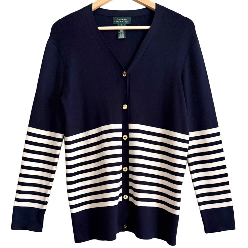 LAUREN RALPH LAUREN Silk Blend Preppy Classic Nautical Stripe Sweater Cardigan M
